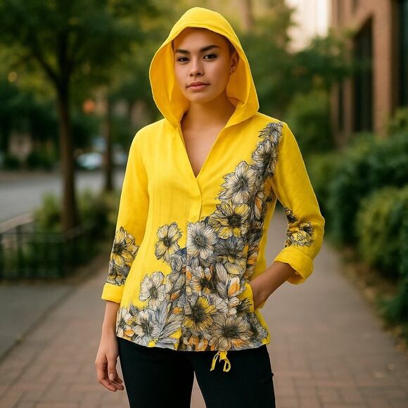 Chico's Tops - Chico’s Size 1 Medium Yellow Floral 100% Cotton Hoodie Roll Tab Sleeves Pockets
